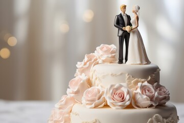 Wedding cake. Top of a wedding cake. The top of the cake with cute figures of two charming women in dresses. Love, together, forever. - obrazy, fototapety, plakaty