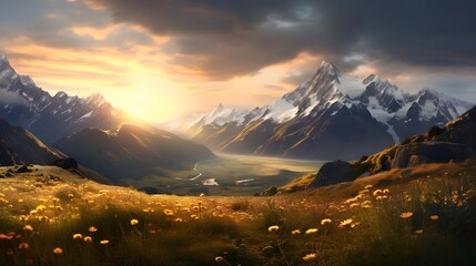 Panoramic view of alpine meadow and mountains at sunset