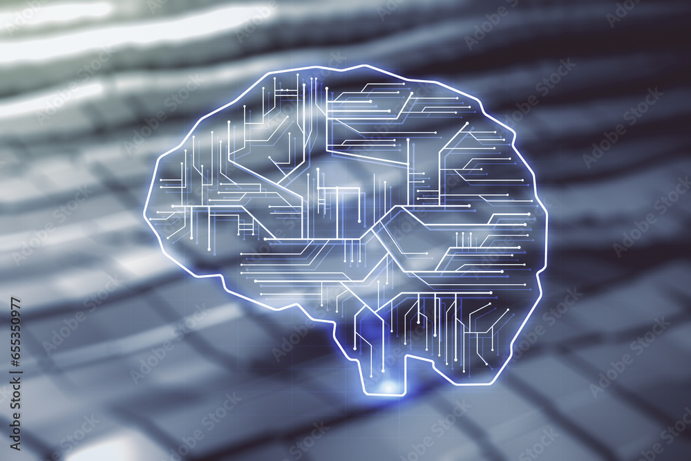 Aufkleber double exposure of creative artificial intelligence interface on blurry metal background. neural net
