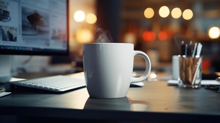 coffee in a mug on a busy work desk - obrazy, fototapety, plakaty