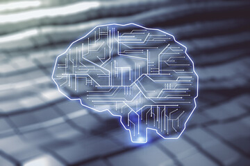 Double exposure of creative artificial Intelligence interface on blurry metal background. Neural networks and machine learning concept