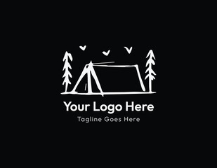 Camping Logo line art simple minimalist vector illustration, Camp vector sign. Camping logo design with tent and tree