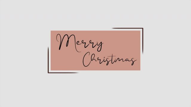 Merry Christmas text in brown frame on white gradient, motion holidays and winter style background for New Year and Merry Christmas