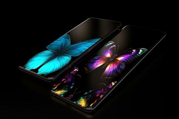 Two foldable smartphones folded next to each other with butterfly image on screens. Flexible smartphone isolated on black background. 3D rendering. Generative AI