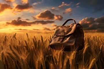 A bag at wheat field during sunset with clouds in backdrop. Generative AI - obrazy, fototapety, plakaty