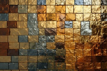 Textured, shiny wall with patterned tiles. Abstract, layered blocks. Digital image. Generative AI
