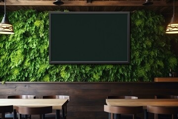 Empty TV screen on cafe wall. Modern, bright interior. Plasma TV in restaurant. Generative AI - obrazy, fototapety, plakaty