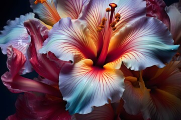 Close up of a hibiscus flower with colorful petals.