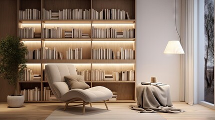  a living room with a chair and a book shelf filled with books.  generative ai