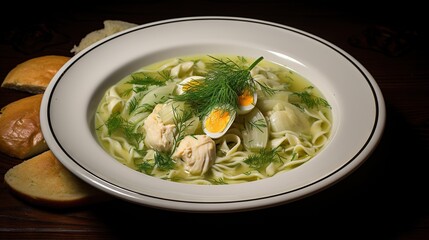  a bowl of chicken noodle soup with bread on the side.  generative ai