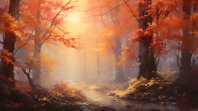 Autumn forest with fog in the morning,3d render illustration