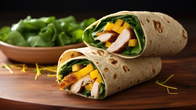 two wraps with chicken, cheese, and spinach on a wooden table.  generative ai