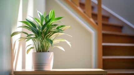 healthy green house plant on hallway side table