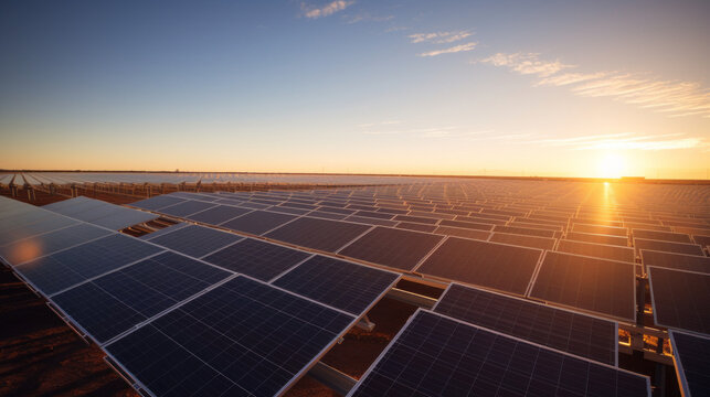 A solar energy farm at sunrise, with rows of photovoltaic panels capturing the morning light