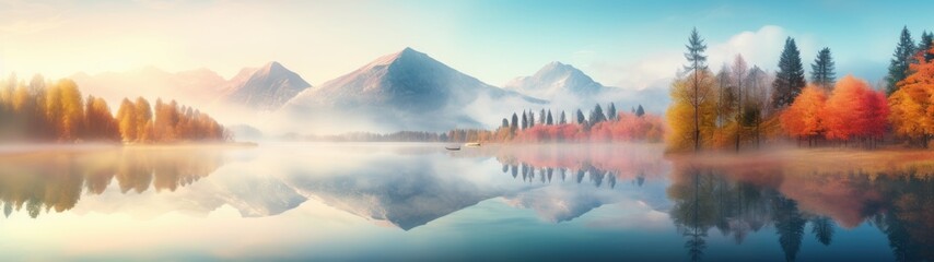 Beautiful autumn forest scene . Colorful morning view on foggy lake and mountains at sunrise time. Beauty of nature concept background - obrazy, fototapety, plakaty
