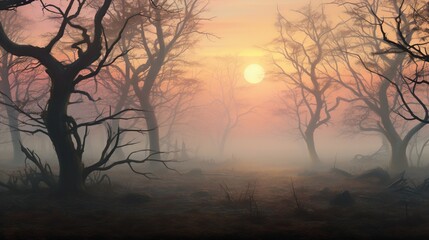 Fototapeta premium a painting of a foggy forest with trees in the foreground. generative ai