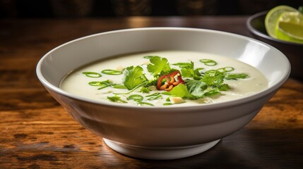  a bowl of soup with a garnish of cilantro and lime.  generative ai