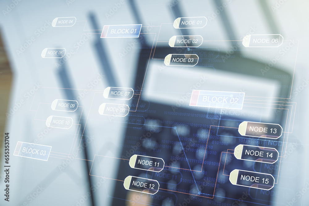 Poster Abstract virtual coding illustration on blurry calculator and papers background, software development concept. Multiexposure