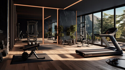 A spacious home gym with mirrored walls and a range of exercise equipment - Powered by Adobe