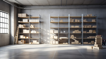 A spacious storeroom with a grey concrete floor and white shelves - obrazy, fototapety, plakaty