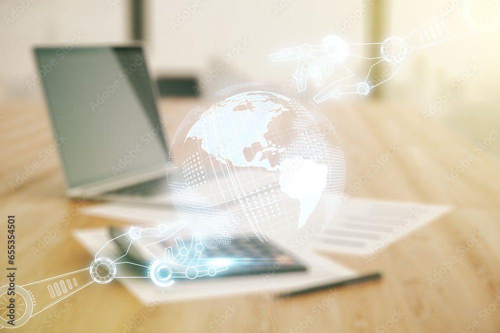 Aufkleber double exposure of abstract virtual robotics technology with world map hologram on blurry calculator