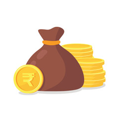 Money bag and coins with rupee sign isolated on white background. Vector illustration