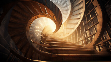 A spiral staircase made out of white metal and wood - obrazy, fototapety, plakaty