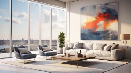 luxury penthouse living room with modern art on the walls
