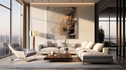 luxury penthouse living room with modern art on the walls - obrazy, fototapety, plakaty