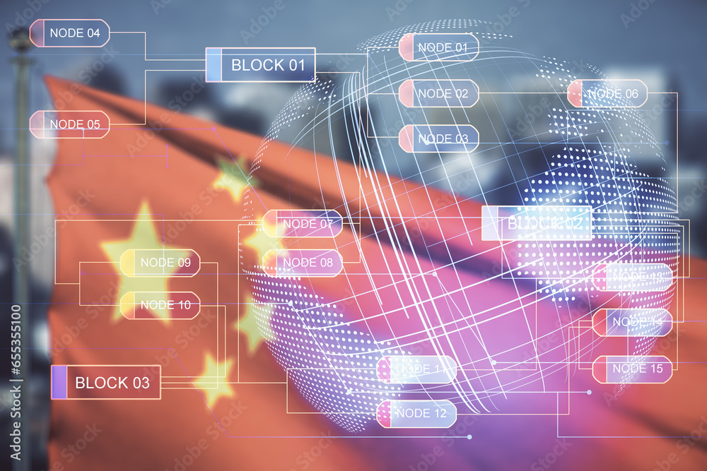 Wall mural abstract virtual coding concept and world map hologram on flag of china and blurry cityscape backgro