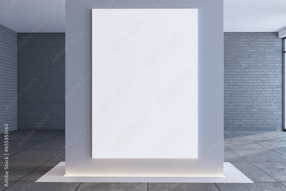 Aufkleber modern gallery warehouse interior with empty white mock up frame on concrete walls. 3d rendering.