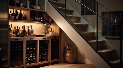 luxury wine cupboard under stairs - obrazy, fototapety, plakaty