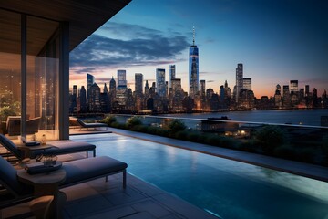 New York, USA downtown skyline panorama at sunset with pool.