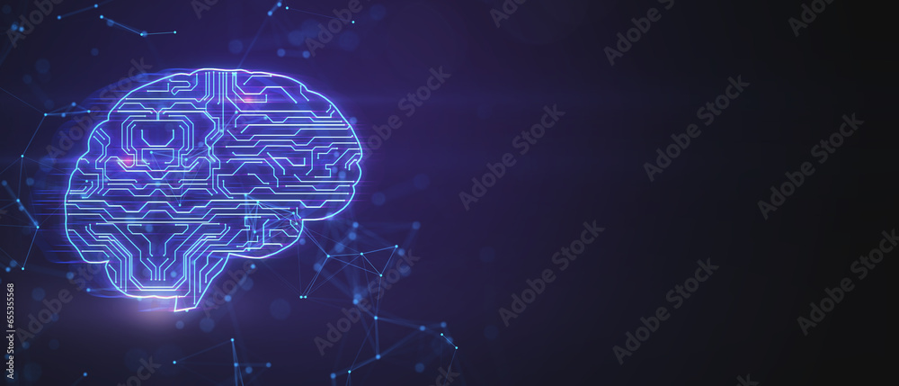 Poster Creative digital brain hologram with circuit on blurry wide background with mock up place. Artificial intelligence and machine learning concept. 3D Rendering.
