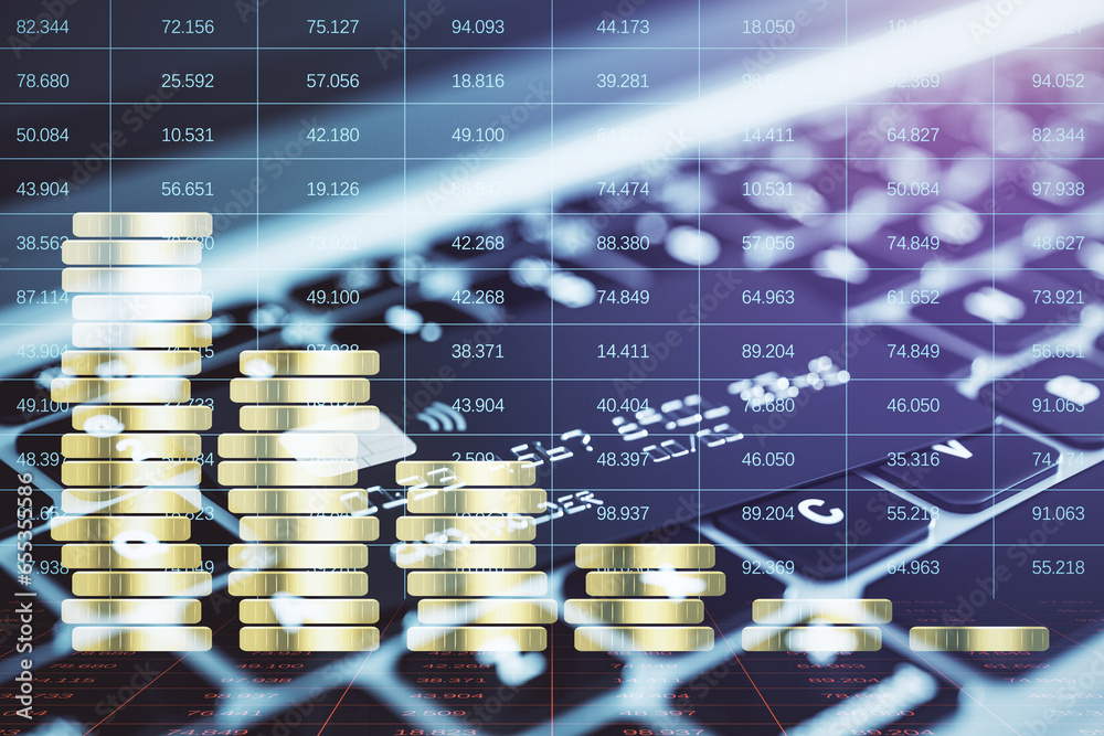 Poster close up of bank card and keyboard with creative forex chart hologram with declining stacked coins. 