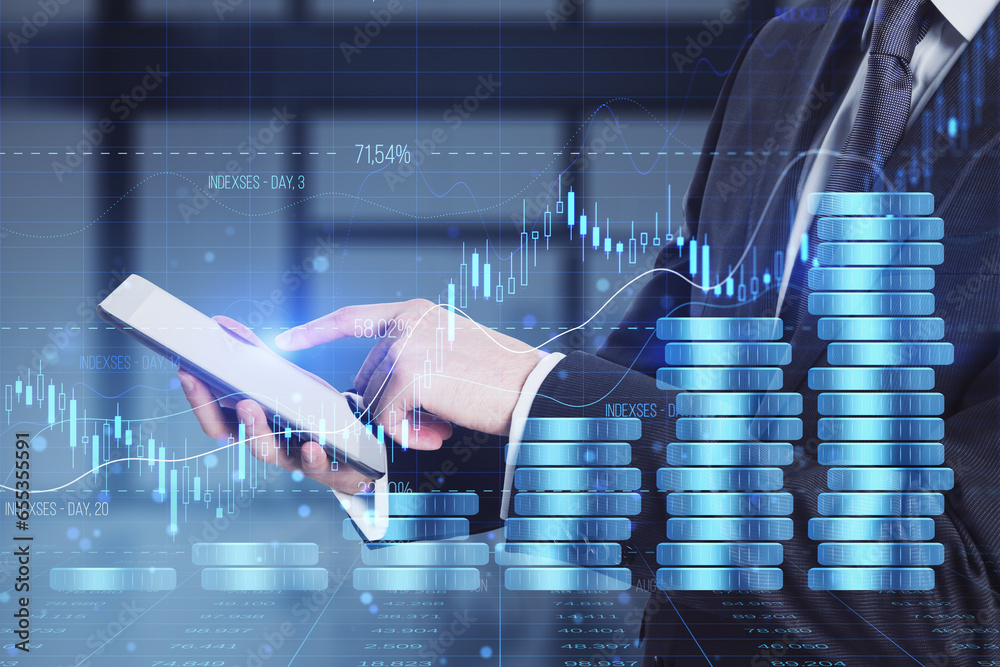 Poster close up of businessman hand using cellphone with forex chart hologram with growing stacked coins on