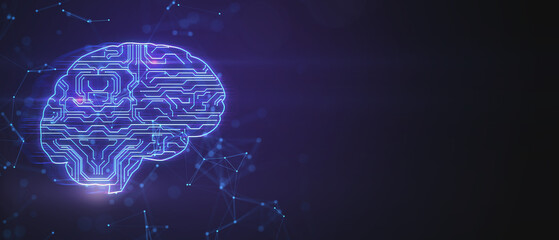 Creative digital brain hologram with circuit on blurry wide background with mock up place. Artificial intelligence and machine learning concept. 3D Rendering.