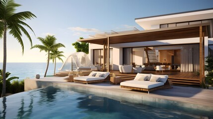 3d rendering of a beautiful luxury villa with pool and beach