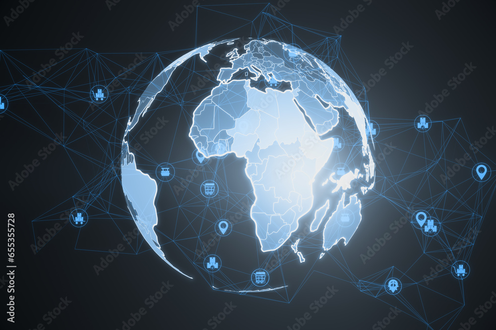 Poster creative glowing polygonal globe hologram with icons on blurry background. global technology and int