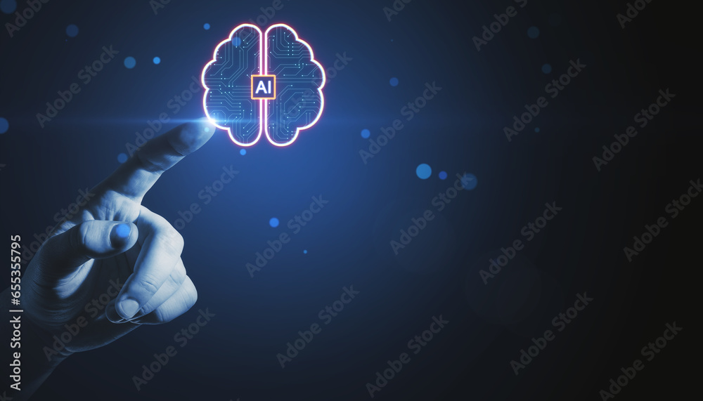 Poster Close up of man hand pointing at creative digital brain hologram with circuit on blurry blue bokeh circles background. Artificial intelligence and machine learning concept.