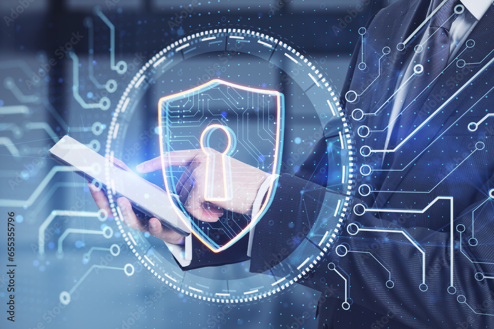 Poster Close up of businessman hands using smartphone with creative glowing shield hologram on blurry office background with circuit lines. Digital security and technology concept. Double exposure.