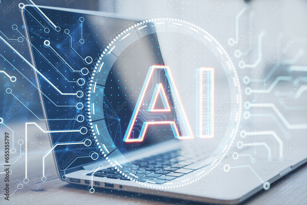 Poster Close up of laptop with creative digital brain hologram with circuit on blurry background. Artificial intelligence and machine learning concept. Double exposure.