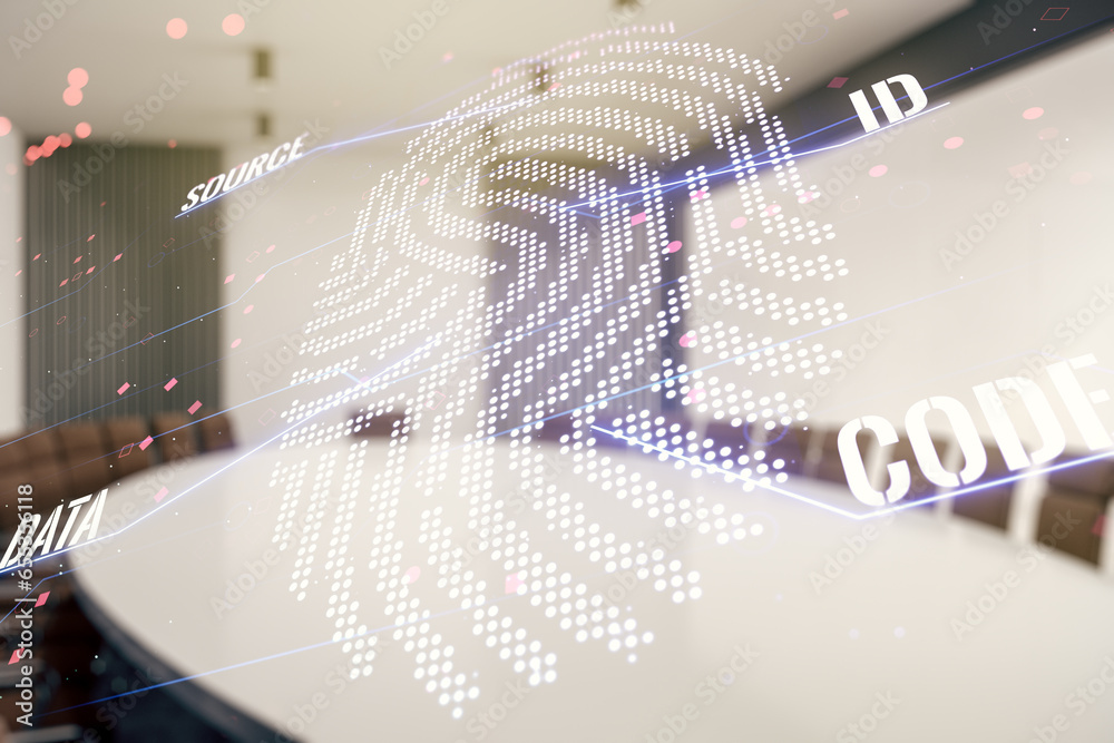 Poster multi exposure of virtual abstract fingerprint illustration on a modern conference room background, 
