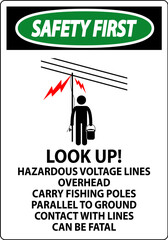 Safety First Sign Look Up Hazardous Voltage Lines Overhead