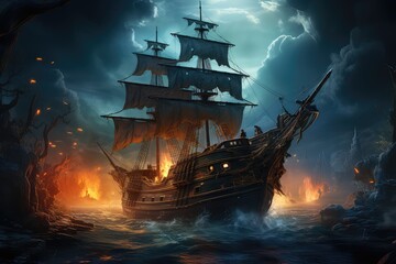 pirate ship at night