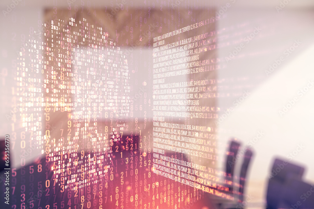 Poster abstract virtual code skull illustration on a modern conference room background. hacking and phishin