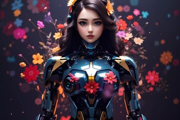 Obraz premium Female cyborgs, ultra realistic, female humanoid robot, Beautiful robotic woman, with colorful flower, dark background,
