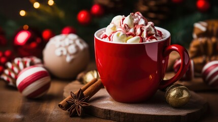 Hot chocolate in a cup and Christmas ornaments, generative ai