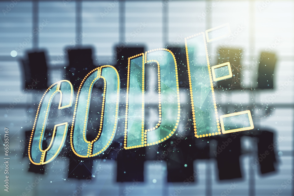 Poster code word hologram on a modern coworking room background, international software development concept