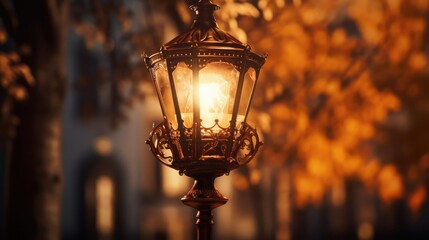 warm glow from antique streetlamp - obrazy, fototapety, plakaty